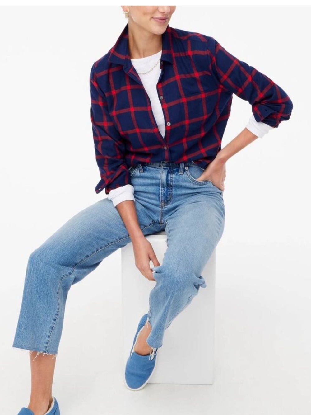 J. Crew 100% cotton windowpane plaid button down shirt navy red